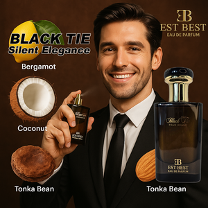 BLACK TIE Eau De Parfum for Men – EST BEST fragrance bottle with model in suit