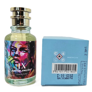 Bottom of DEVSANA IX Edition Spéciale perfume box showing barcode, manufacturing date, and Made in U.A.E. label – Women's Extrait de Parfum 100ml