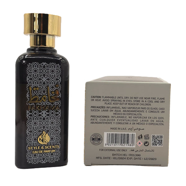 FAKHAMA unisex fragrance back label with caution and barcode