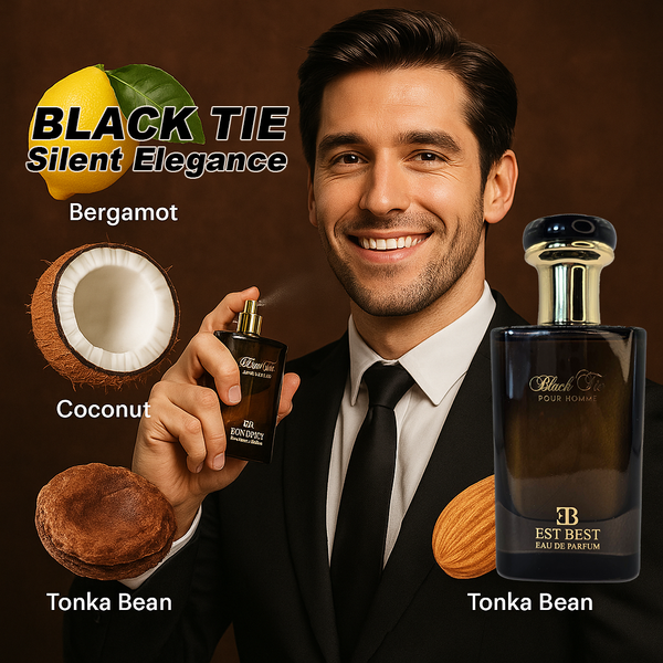 BLACK TIE Eau De Parfum for Men – EST BEST fragrance bottle with model in suit