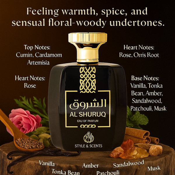 AL SHURUQ Eau De Parfum – Spicy Woody Men’s Perfume with Cardamom, Cumin, Rose, Patchouli & Musk | 100ml, 20% Oil, 6 – 8 Hours 🌙 Perfect for formal nights or bold daily wear – Made in UAE (MDO009)
