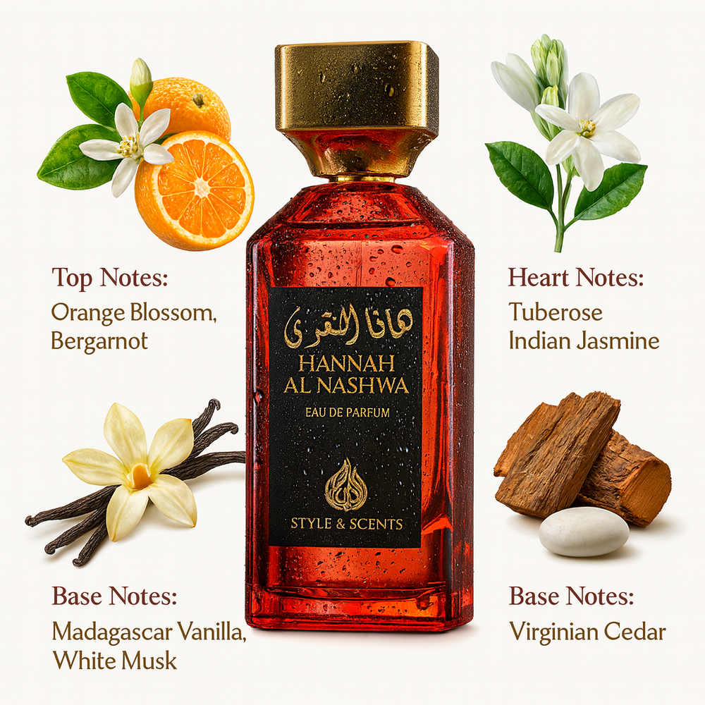 Hannah Al Nashwa perfume bottle with floral and wood elements on a white background